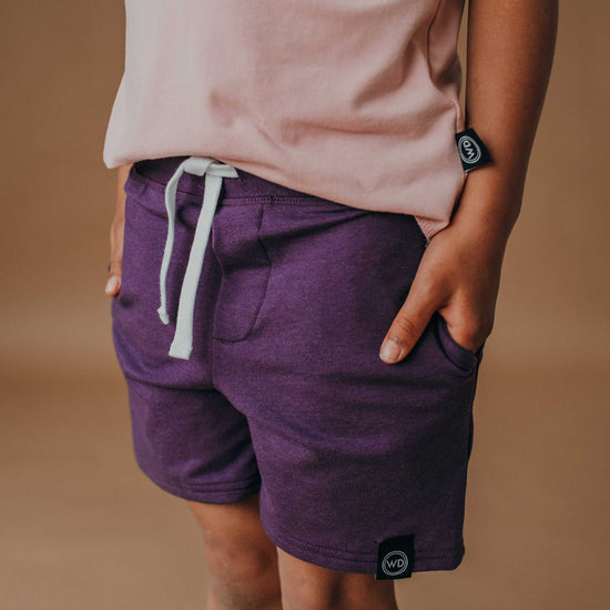 Wooly Doodle | Kids French Terry Shorts, No Plum Intended, Detail